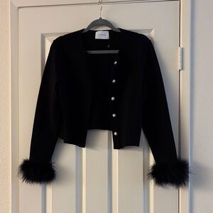 Sleeper Black Cardigan with Faux Fur Cuffs